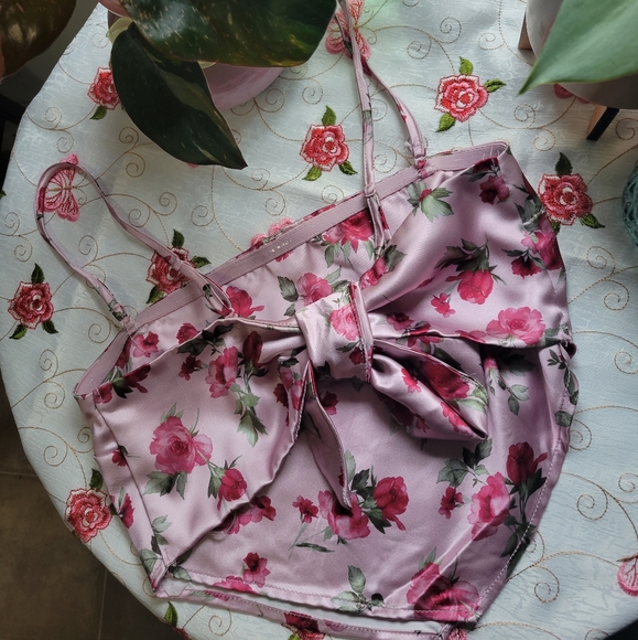 pink green floral print handkerchief tie back tank crop top small - Picture 2 of 10